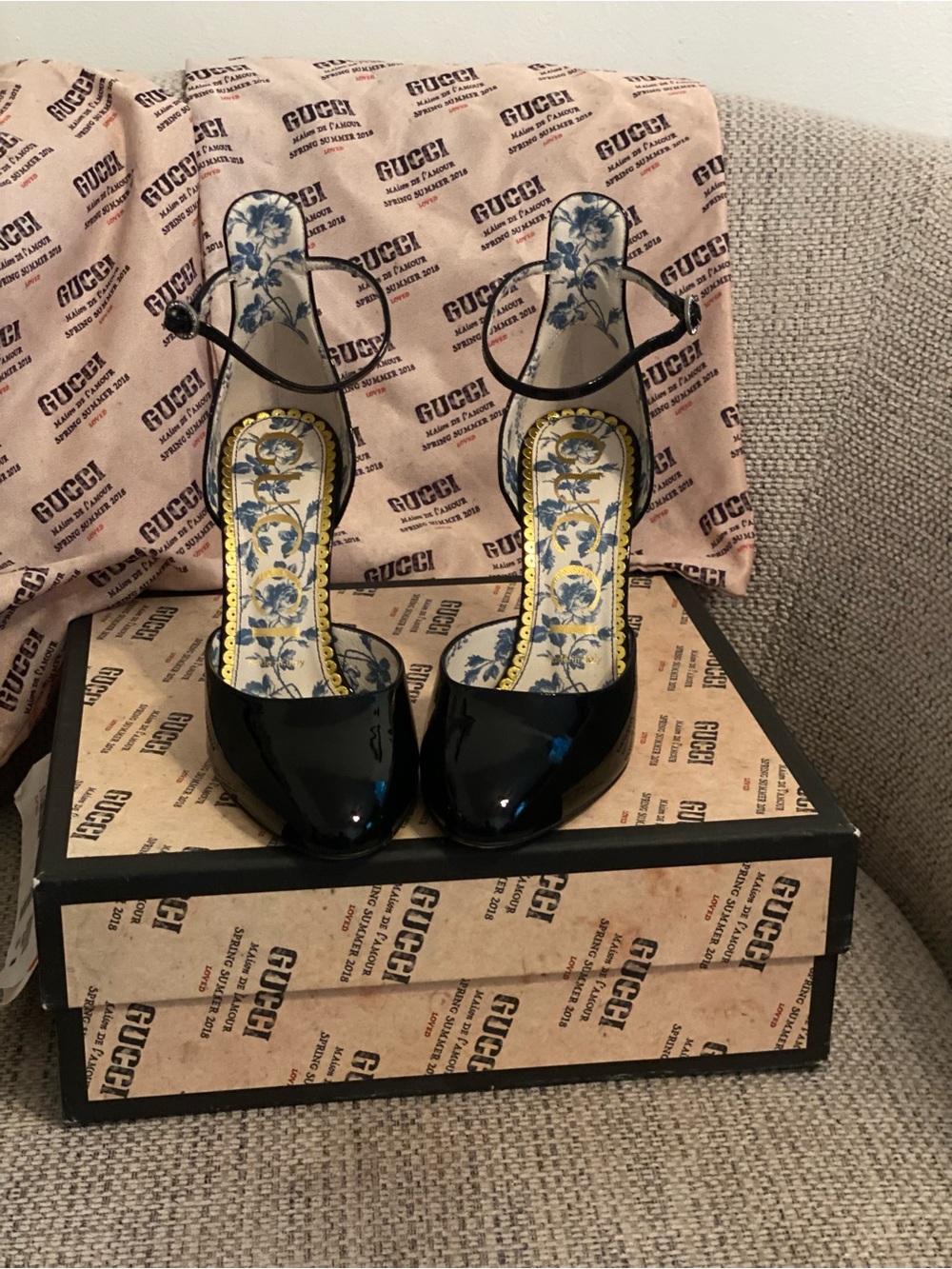 Gucci Black Patent Leather Floral-Insole Ankle-Strap Heels NEW